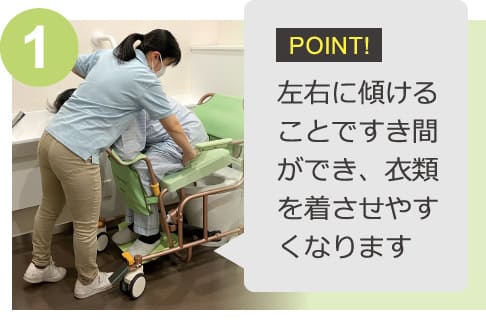 1：ポイント 左右に傾けることですき間ができ、衣類を着させやすくなります