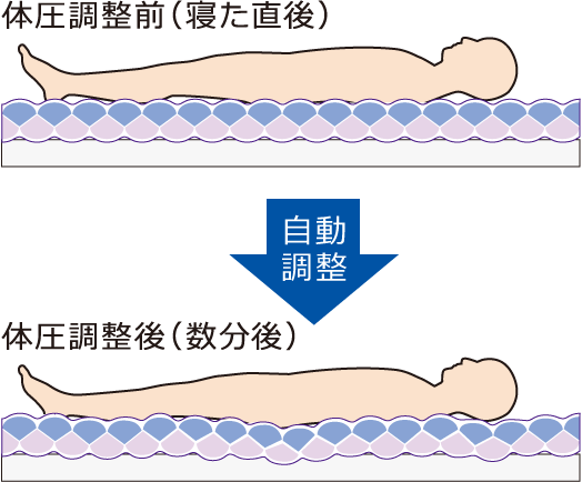 体圧調整前（寝た直後）→自動調整→ 体圧調整後（数分後）